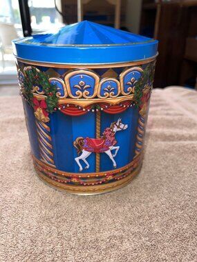 Vintage Harry London Blue Carousel Tin with Horse & Holiday Wreath Christmas